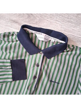 Alfredo Versace Women's Long Sleeve Italy Size 100 Blue/Green/White Striped Polo